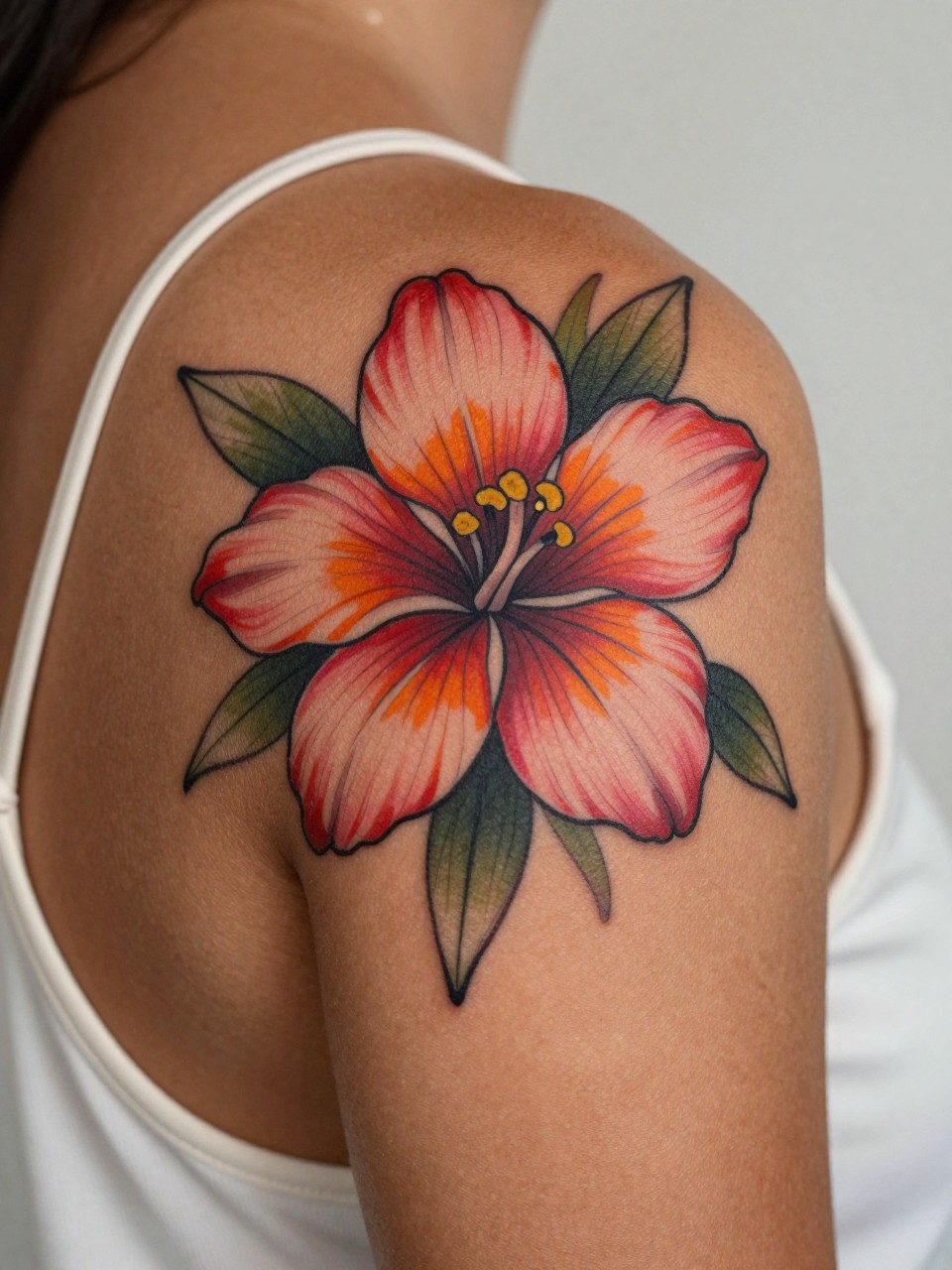 extreme close-up of a tropical flower tattoo on rich brown skin at the shoulder, bold pink orange and red petals, soft green leaf accents, clean linework, realistic skin texture, satin blouse strap visible, soft minimal background, design-focused feminine tattoo inspiration photography (no watermarks on images)