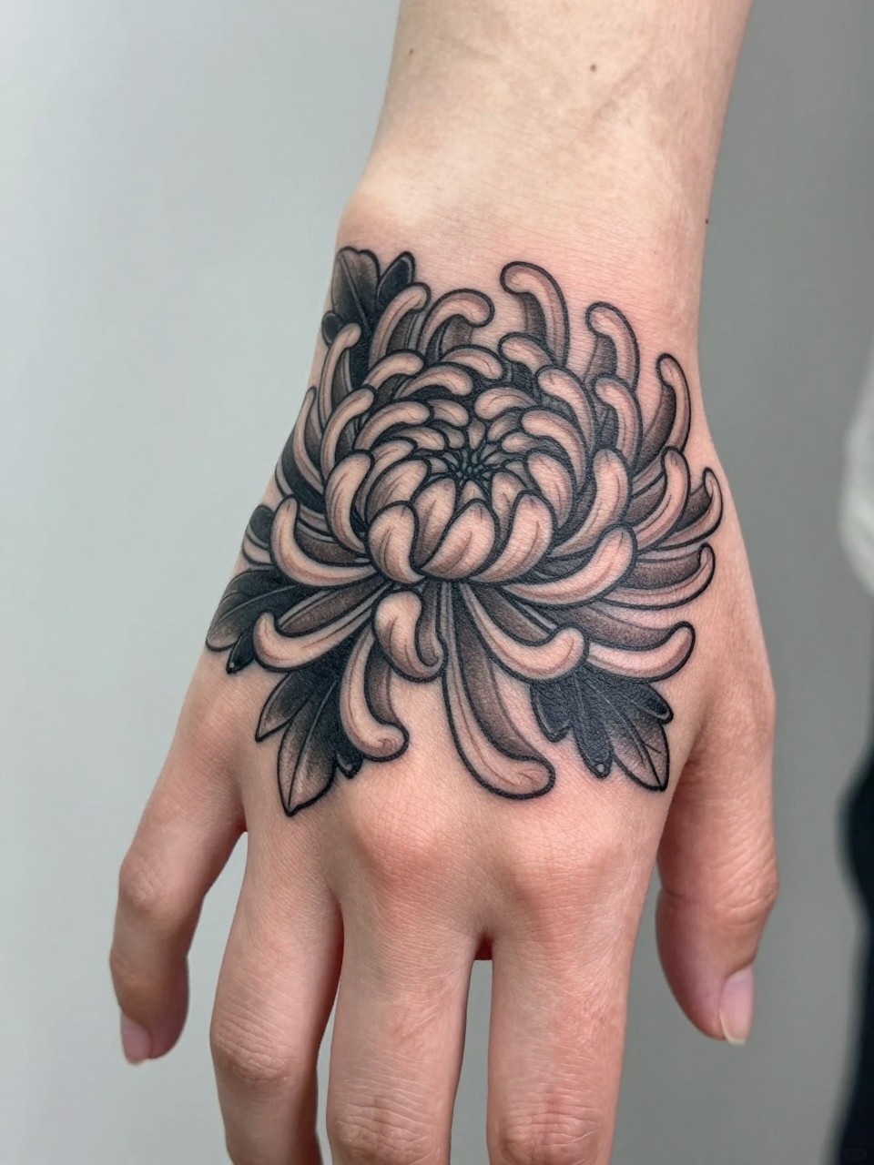 design-focused close-up of a traditional Japanese chrysanthemum tattoo on the back of the hand, layered petals, black and grey ink, soft shading, clean bold linework, realistic skin texture, minimal blurred background, modern tattoo inspiration photo (no watermarks on images)