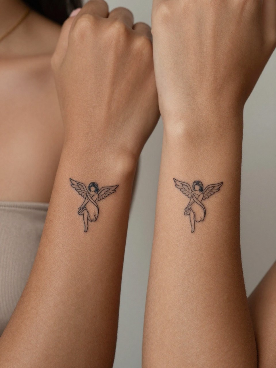  "macro shot of matching angel number tattoos on dark skin, one on each collarbone or wrist, clean black ink numbers, fine line minimalist style, realistic skin texture, delicate necklace visible, tight crop, design-first tattoo composition, soft neutral background, tattoo inspiration image (no watermarks on images)"