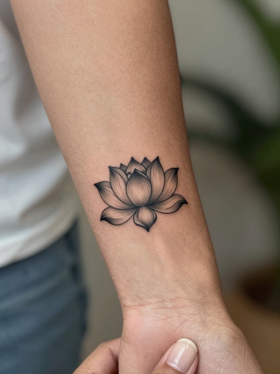 "design-focused close-up of a mini lotus tattoo on dark skin at the forearm, clean black ink, fine line petal detail, small symmetrical design, realistic skin texture, neutral manicure, soft blurred background, modern feminine tattoo inspiration photography (no watermarks on images)"