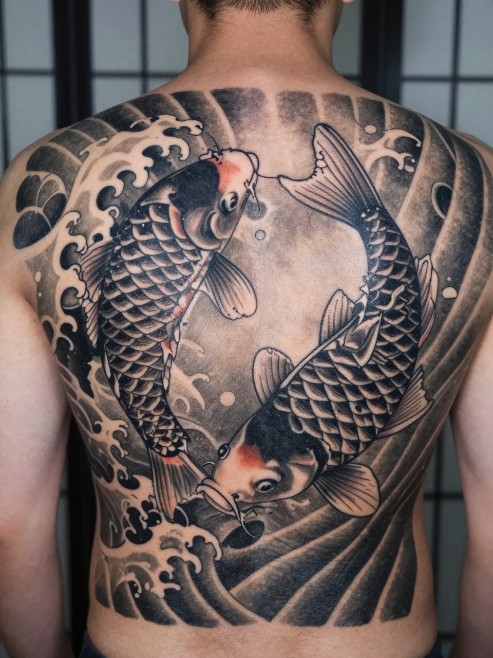 "design-focused close-up of a full back Japanese koi fish tattoo on a man, two koi fish swimming through bold traditional waves, detailed scales, black and grey ink, strong linework, soft shading, realistic skin texture, dramatic back composition, minimal blurred background (no watermarks on images)"