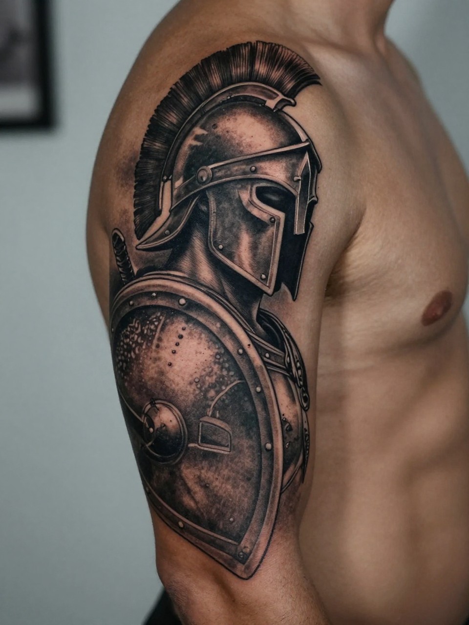 "close-up of a Spartan warrior full sleeve tattoo on deep brown skin, detailed helmet, battle-worn textures, shield accents, black and grey shading, bold masculine linework, realistic skin texture, tight crop, design-focused close-up, soft blurred background, modern tattoo photography (no watermarks on images)