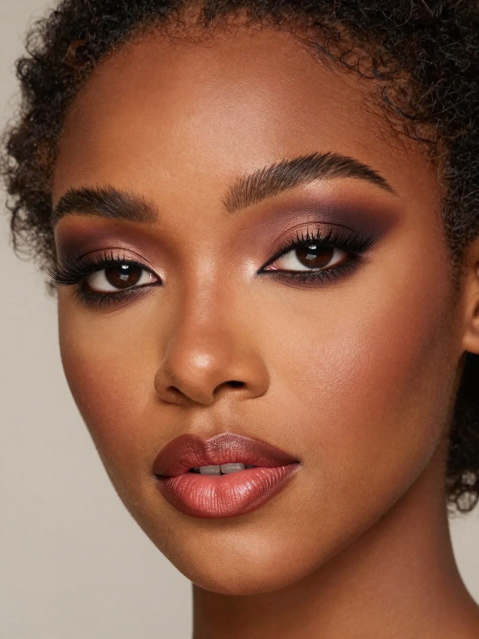 Super realistic close-up beauty portrait of a black woman wearing rich chocolate pirate smoky eyes with cocoa blending, smudged deep cocoa liner, warm bronzed skin, burnt rose satin lips, and bold lashes, shot from a three-quarter view, with diffused beauty studio lighting that clearly reveals the makeup texture and color, realistic skin texture, softly styled hair, minimal background, feminine modern beauty photography, latest iPhone photo quality.