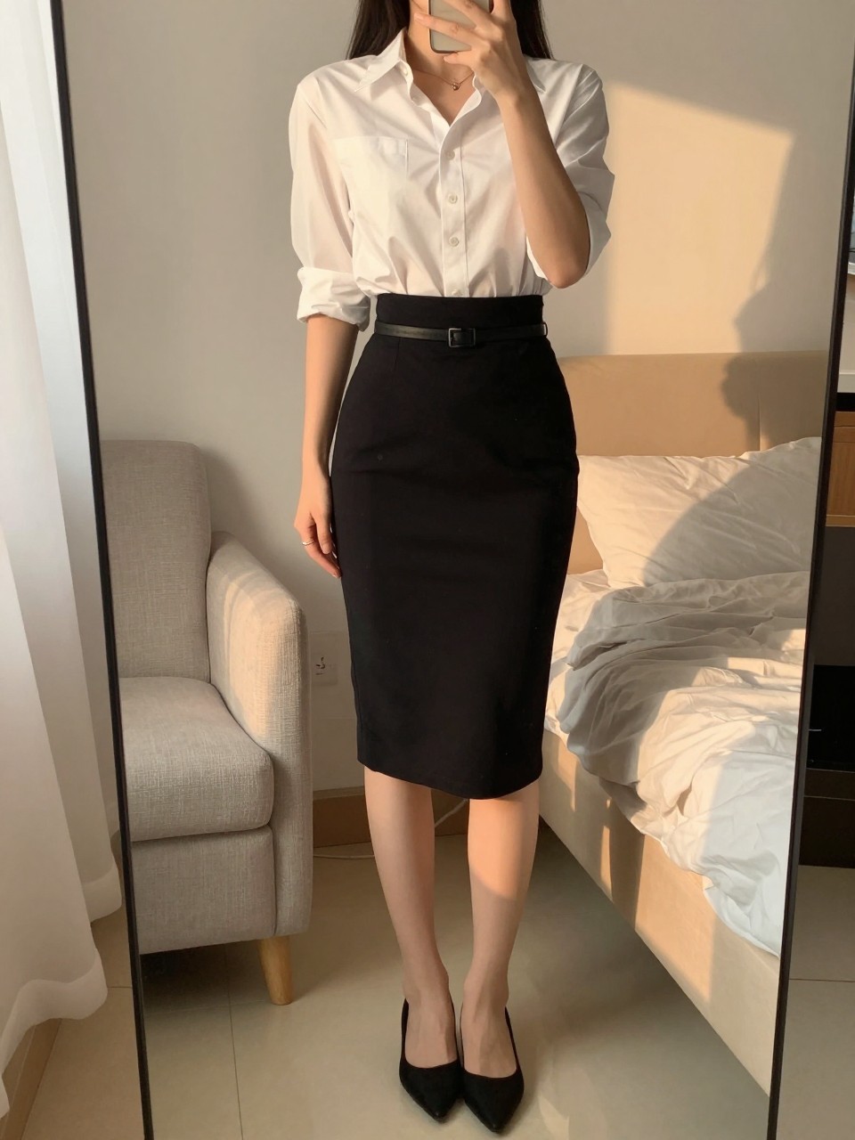 iPhone mirror selfie of a woman in a white button-down tucked into a black pencil skirt with a belt and pointed flats, standing with one hand in pocket, cropped at NECK so face doesn't show, in a feminine-themed bedroom, evening golden hour, iPhone photo quality.