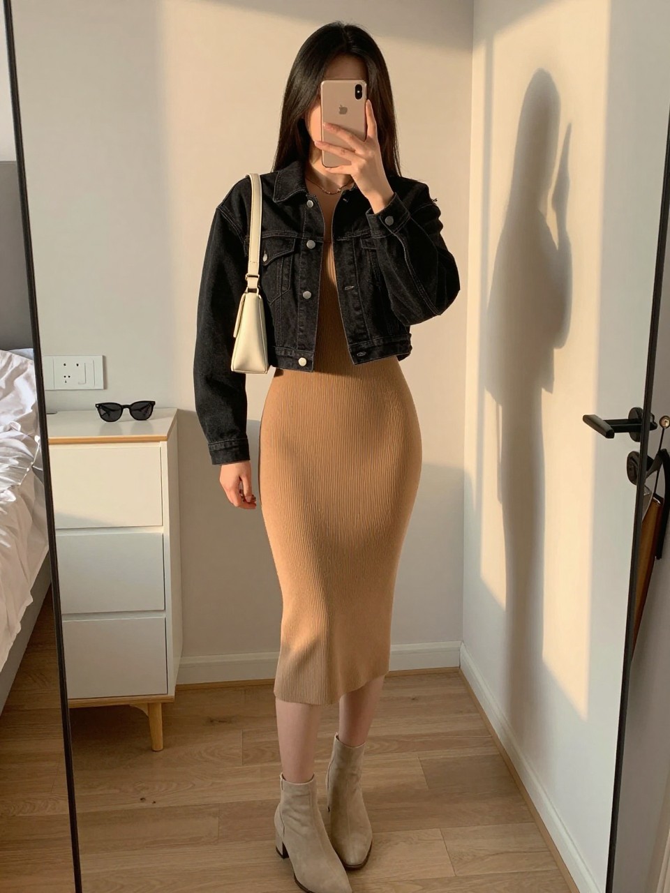 mirror selfie of a woman wearing the exact outfit described above, clearly showing a cropped black denim jean jacket, camel ribbed bodycon midi dress, beige suede ankle boots, cream shoulder bag, and smooth straight hair, holding a phone in front of a mirror, cropped at NECK so the face does not show, with a relaxed casual selfie pose, in a feminine-themed bedroom, evening golden hour, including sunglasses placed on a dresser and a handbag hanging on a door handle, latest iPhone photo quality.
