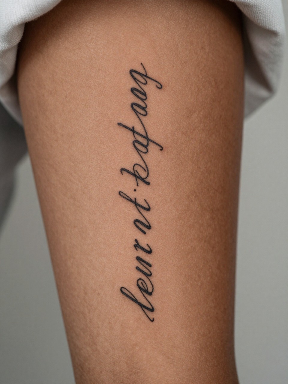 "extreme close-up of a script quote tattoo along the side of the leg on deep brown skin, clean black ink, fine line cursive lettering, elegant vertical placement, realistic skin texture, soft fabric edge nearby, minimal blurred background, design-focused feminine tattoo inspiration image (no watermarks on images)"