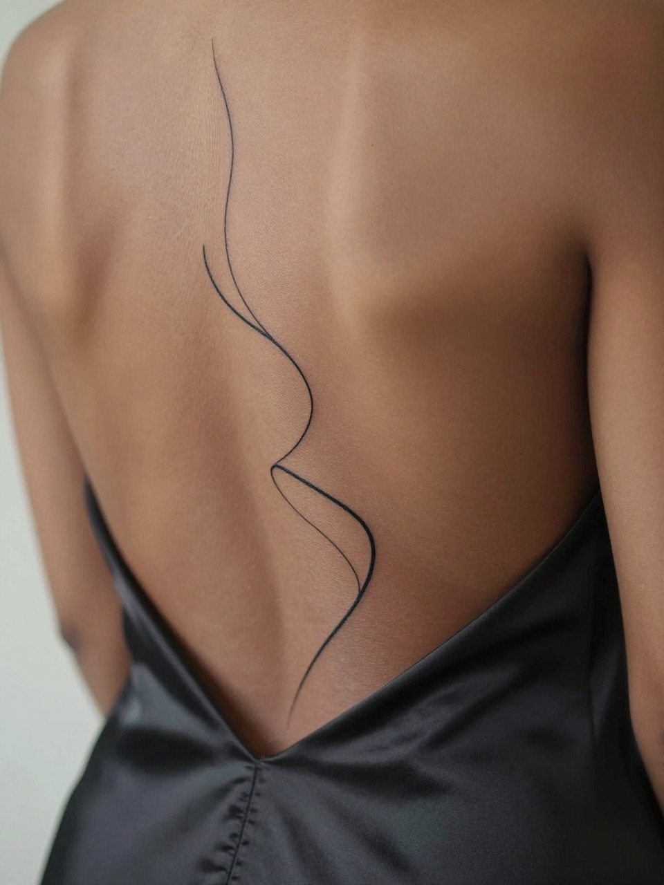 close-up of an abstract line art spine tattoo on dark skin, flowing black ink curves and modern minimalist shapes following the spine, clean fine line work, artistic feminine style, realistic skin texture, satin dress back visible, design-focused close-up, blurred neutral background, modern tattoo photography (no watermarks on images)