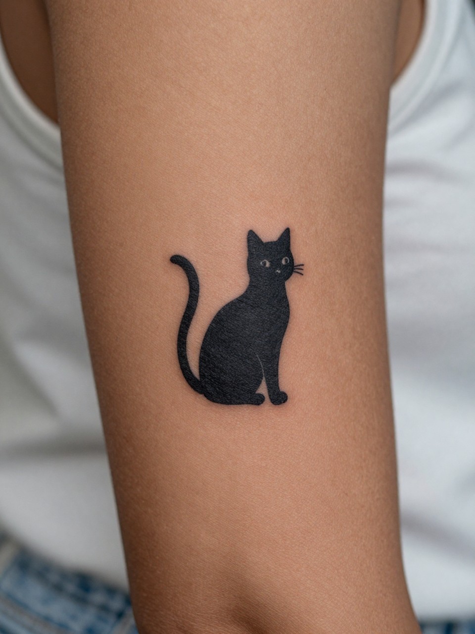 "close-up of a small black cat silhouette tattoo on dark skin at the inner arm, clean black ink, tiny minimalist shape, crisp outline, realistic skin texture, delicate ring visible, soft blurred background, design-focused modern feminine tattoo inspiration photography (no watermarks on images)"