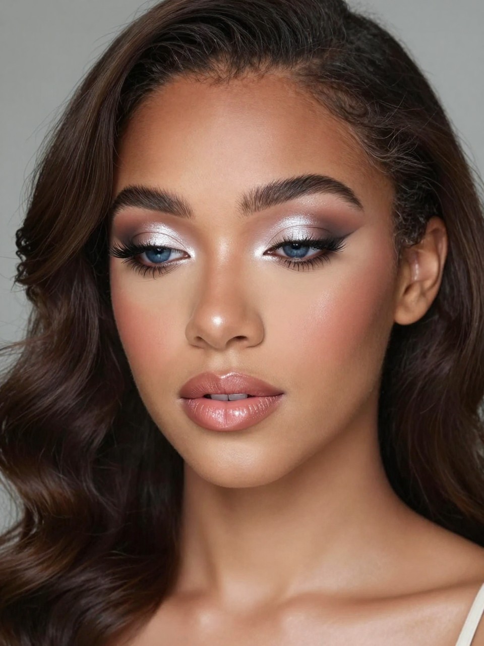 Super realistic close-up beauty portrait of a black teenage woman with blue eyes wearing lovely prom makeup, featuring silver-taupe shimmer eyeshadow on the lids, cool brown crease shaping, pale pearl inner-corner glow, soft gray-brown liner, clean defined lashes, nude rose blush, nude rose satin lips, structured brows, realistic skin texture with a silky satin finish, shot from a front-facing beauty portrait, with cool elegant studio lighting that clearly reveals the silver taupe shimmer, blue eyes, and satin lip finish, sleek soft waves, softly blurred cool-neutral formal background, feminine modern beauty photography, latest iPhone photo quality.