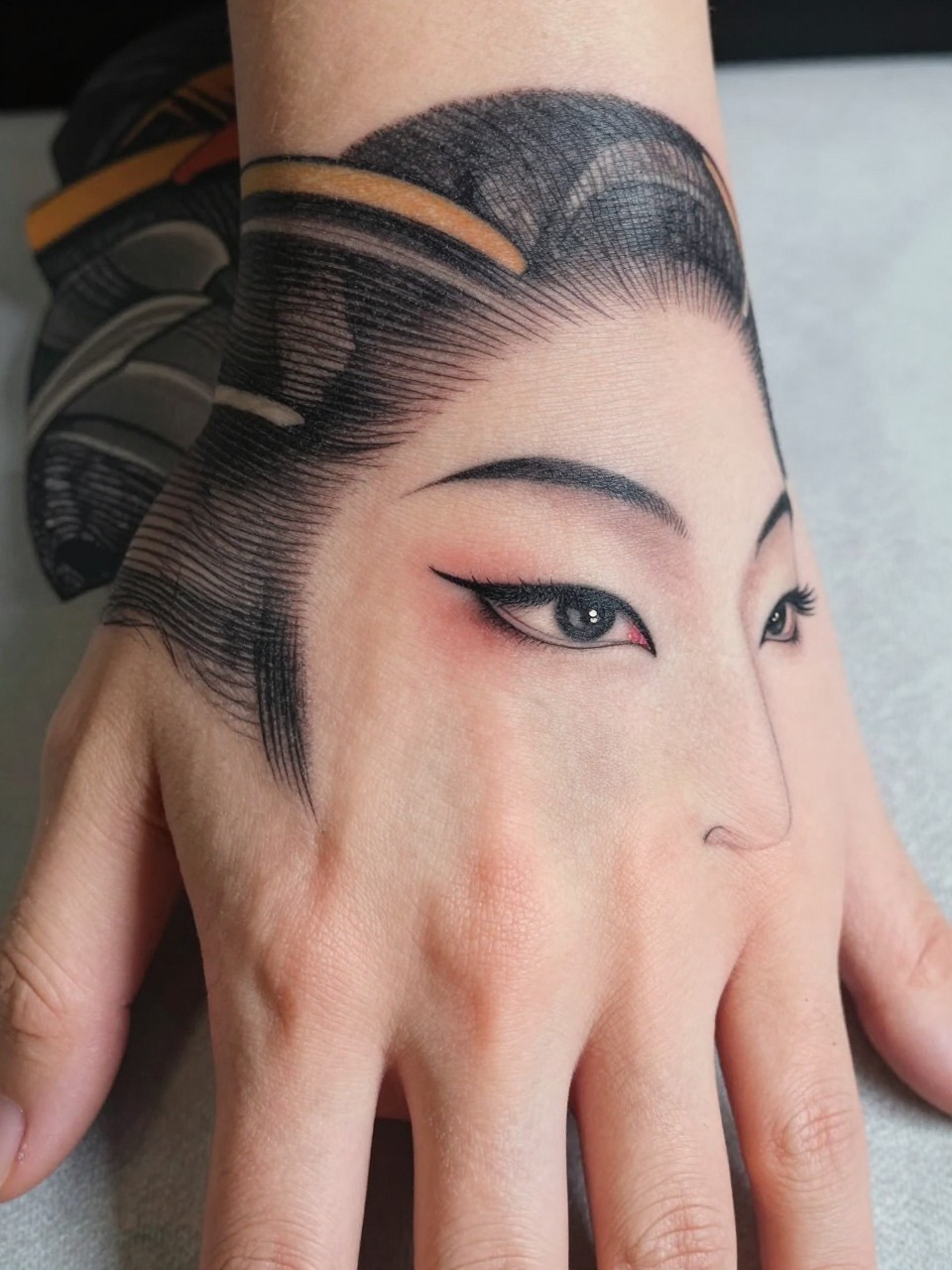 extreme close-up of a traditional Japanese geisha eye tattoo on the back of the hand, detailed eye and facial accents, black and grey ink, soft shading, elegant traditional linework, realistic skin texture, minimal soft background, design-focused tattoo inspiration photography (no watermarks on images)