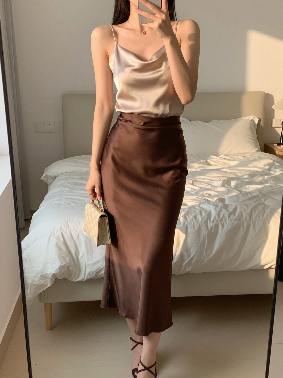 iPhone mirror selfie of a woman in a champagne satin camisole tucked into a dark brown satin midi skirt with strappy heels, holding a mini clutch, cropped at NECK so face doesn't show, in a feminine-themed bedroom, evening golden hour, iPhone photo quality.