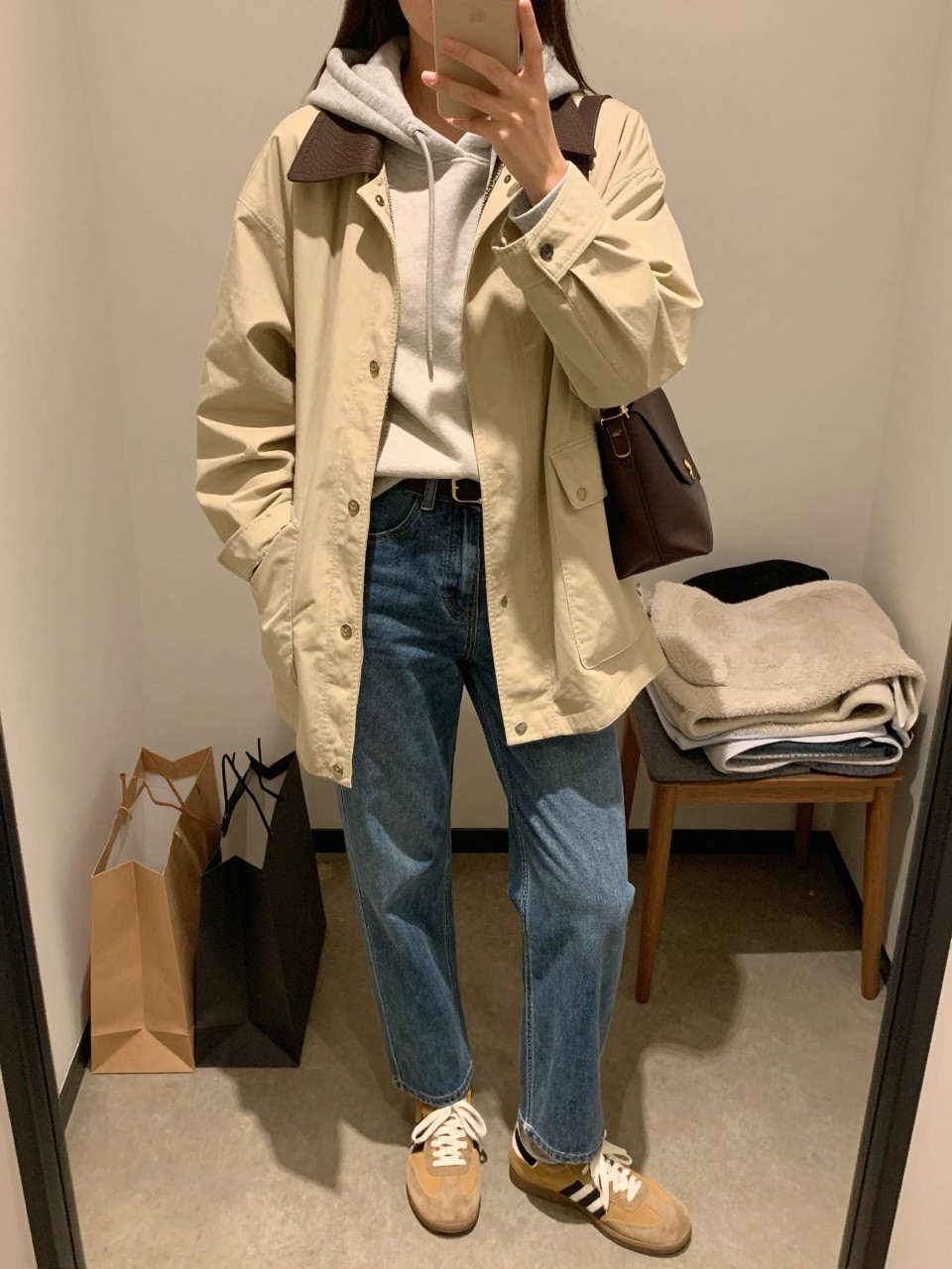 mirror selfie of a woman wearing the exact outfit described above, clearly showing a Beige Barn Jacket & Gray Hoodie, cream hoodie in soft sweatshirt fabric, blue straight-leg jeans, tan suede sneakers, and a dark brown belt bag, holding a phone in front of a mirror, cropped at NECK so the face does not show, with a relaxed casual selfie pose, in a walk-in closet mirror, warm moody lighting, including shopping bags beside a chair and folded blanket on a chair, latest iPhone photo quality.