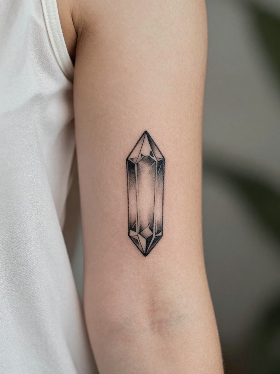 close-up of a crystal point tattoo on women's forearm, black ink, fine line gemstone shape, clean minimalist earthy boho hippie style, realistic skin texture, soft satin fabric nearby, design-focused close-up, blurred neutral background, modern tattoo photography (no watermarks on images)