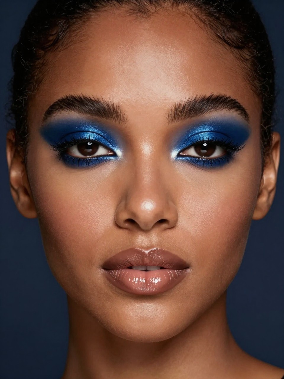 Super realistic close-up beauty portrait of a black woman wearing glossy navy-blue cream eyeshadow across the lids with softly diffused edges, bright smooth under-eye area, thick defined lashes, clear balm-like highlight on the cheekbones, soft taupe nude glossy lips, clean brows, realistic skin texture with a fresh bare-skin glow, shot from a front-facing beauty portrait, with moody diffused studio lighting that clearly reveals the glossy navy lid texture, skin sheen, and lip gloss, sleek pulled-back hair, minimal deep navy background, feminine modern beauty photography, latest iPhone photo quality.