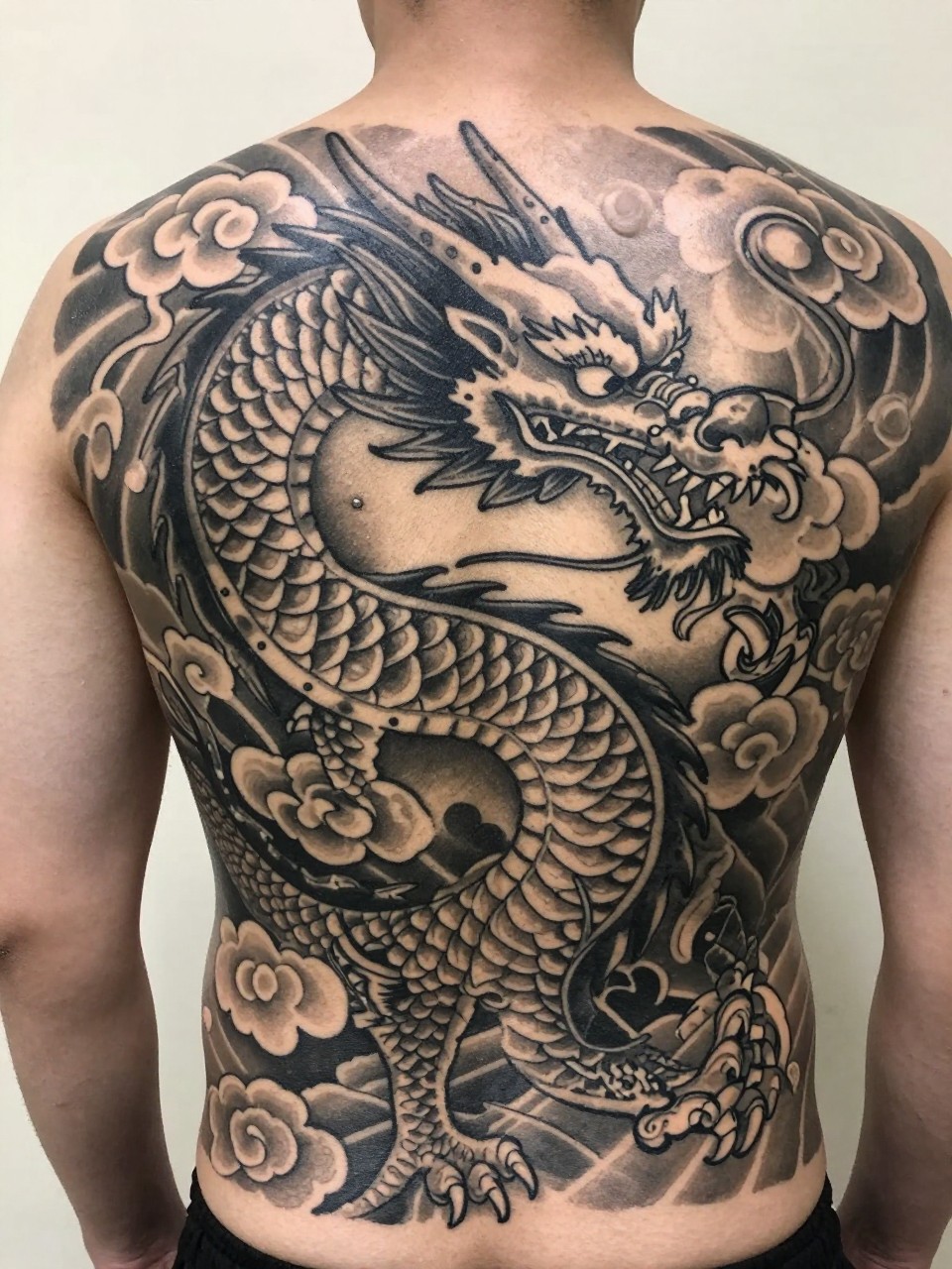 "extreme close-up of a full back Japanese dragon tattoo on a man, large dragon body flowing across the entire back, detailed scales, whiskers, sharp claws, cloud filler, black and grey ink, bold traditional Japanese linework, smooth shading, realistic skin texture, design-focused tattoo inspiration photography, soft neutral background (no watermarks on images)"