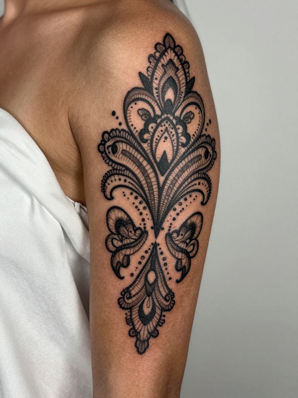 macro shot of an ornamental lace sleeve tattoo on rich brown skin, detailed black ink patterns, symmetrical curves, soft dotwork accents, sleeve flowing from shoulder to forearm, realistic skin texture, silk fabric nearby, tight crop, design-first composition, minimal soft background, feminine tattoo inspiration image (no watermarks on images)
