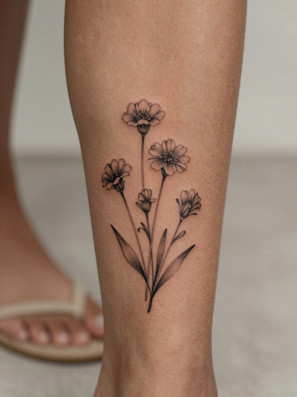 "extreme close-up of a wildflower cluster tattoo on dark skin at the lower leg, fine line black ink, small blooming flowers and leaves, soft shading, realistic skin texture, soft sandal detail nearby, blurred neutral background, design-focused feminine tattoo inspiration photography (no watermarks on images)"