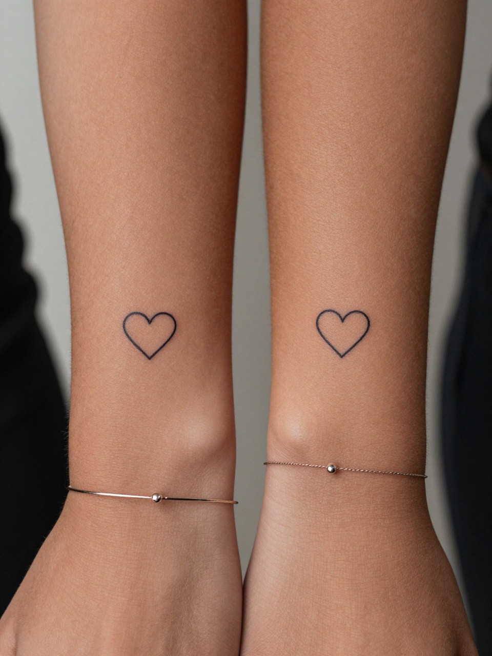 "extreme close-up of matching tiny heart tattoos on deep brown skin, one on each person's inner wrist, crisp black ink, fine line minimalist design, realistic skin texture, delicate bracelet and simple ring visible, design-focused close-up, soft neutral background, modern tattoo inspiration photography (no watermarks on images)"
