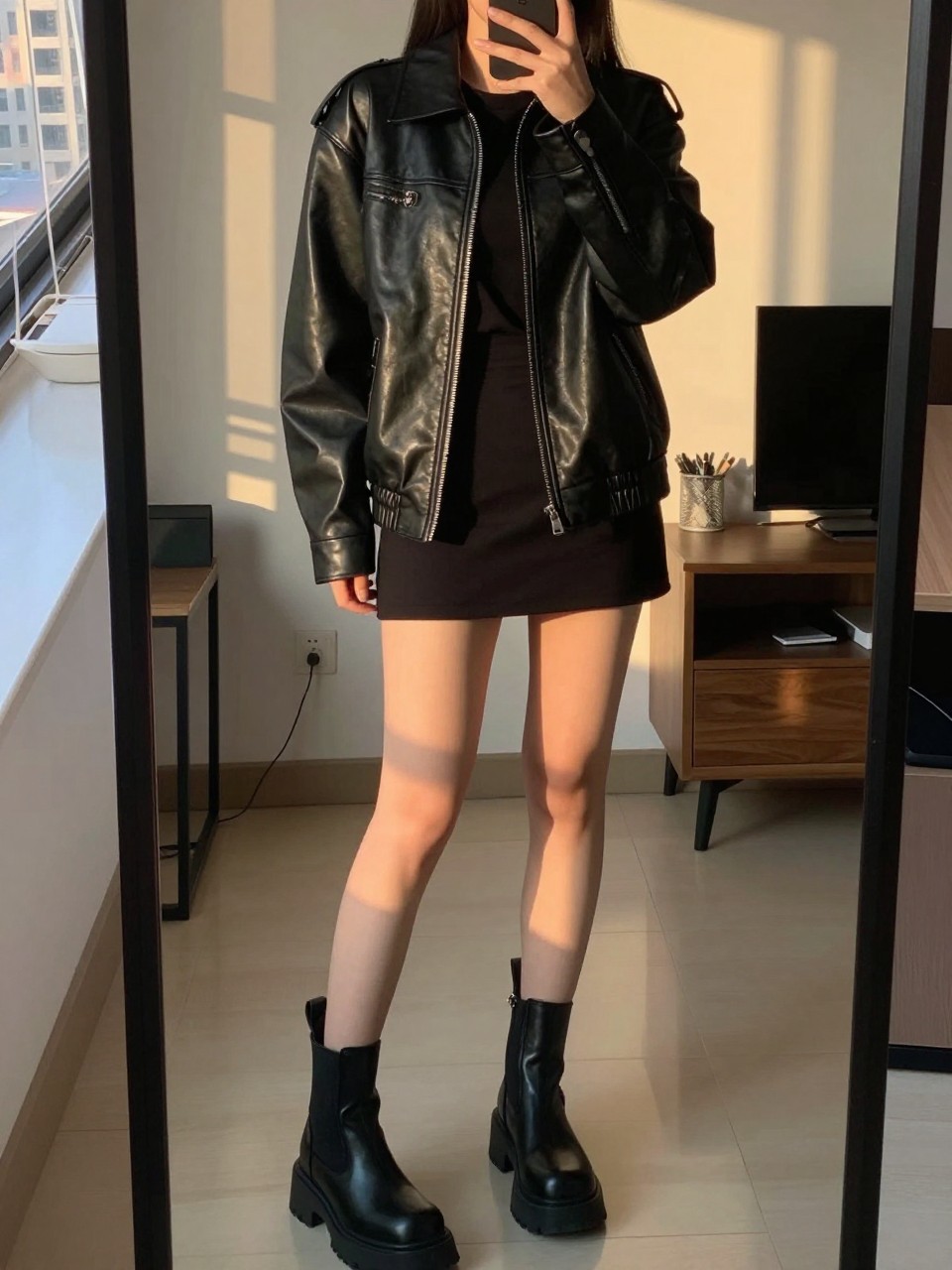 iPhone mirror selfie of a woman in a black leather jacket over a black tee and black mini skirt with chunky ankle boots, standing with feet apart, cropped at NECK so face doesn't show, in a city apartment, evening golden hour, iPhone photo quality.