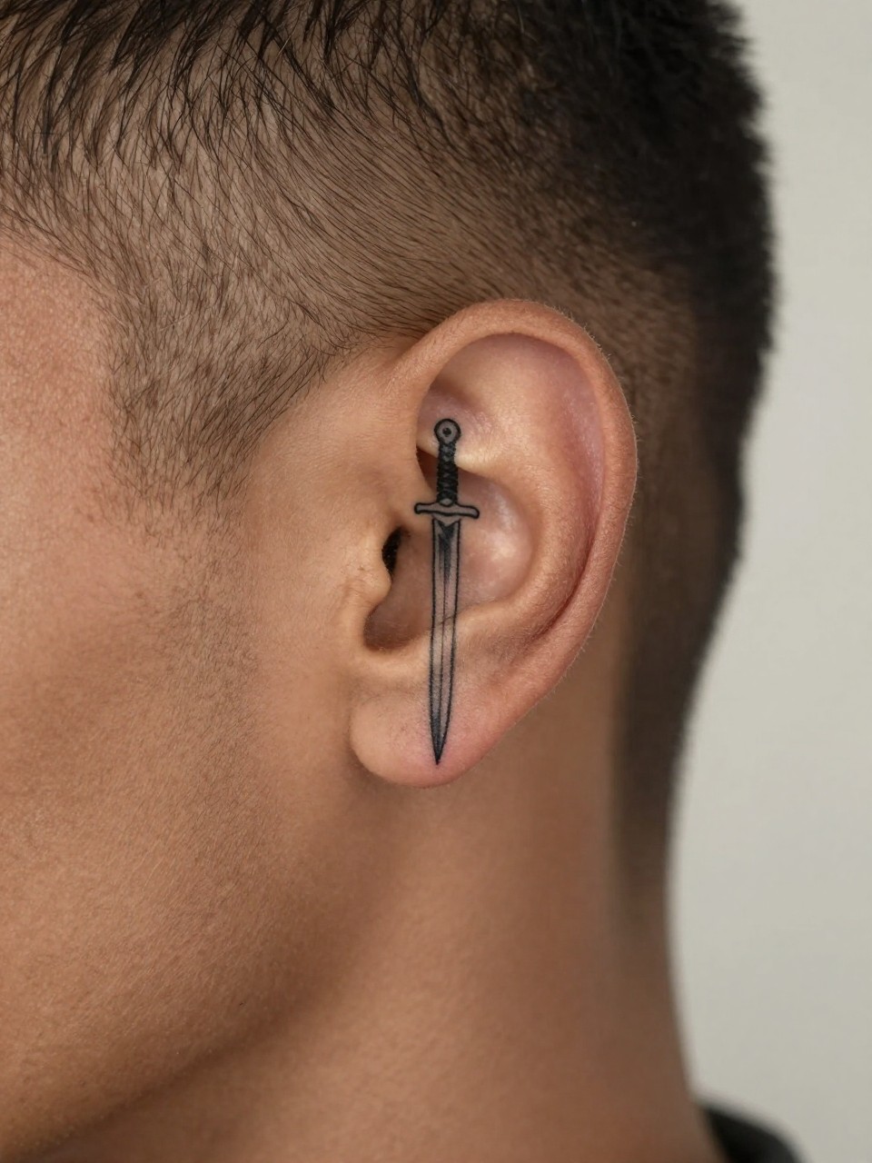  "design-focused close-up of a small sword tattoo behind the ear on rich brown skin, clean black ink, fine line blade detail, narrow masculine design, realistic skin texture, short fade haircut visible, tight crop, soft neutral background, modern tattoo inspiration photo (no watermarks on images)"