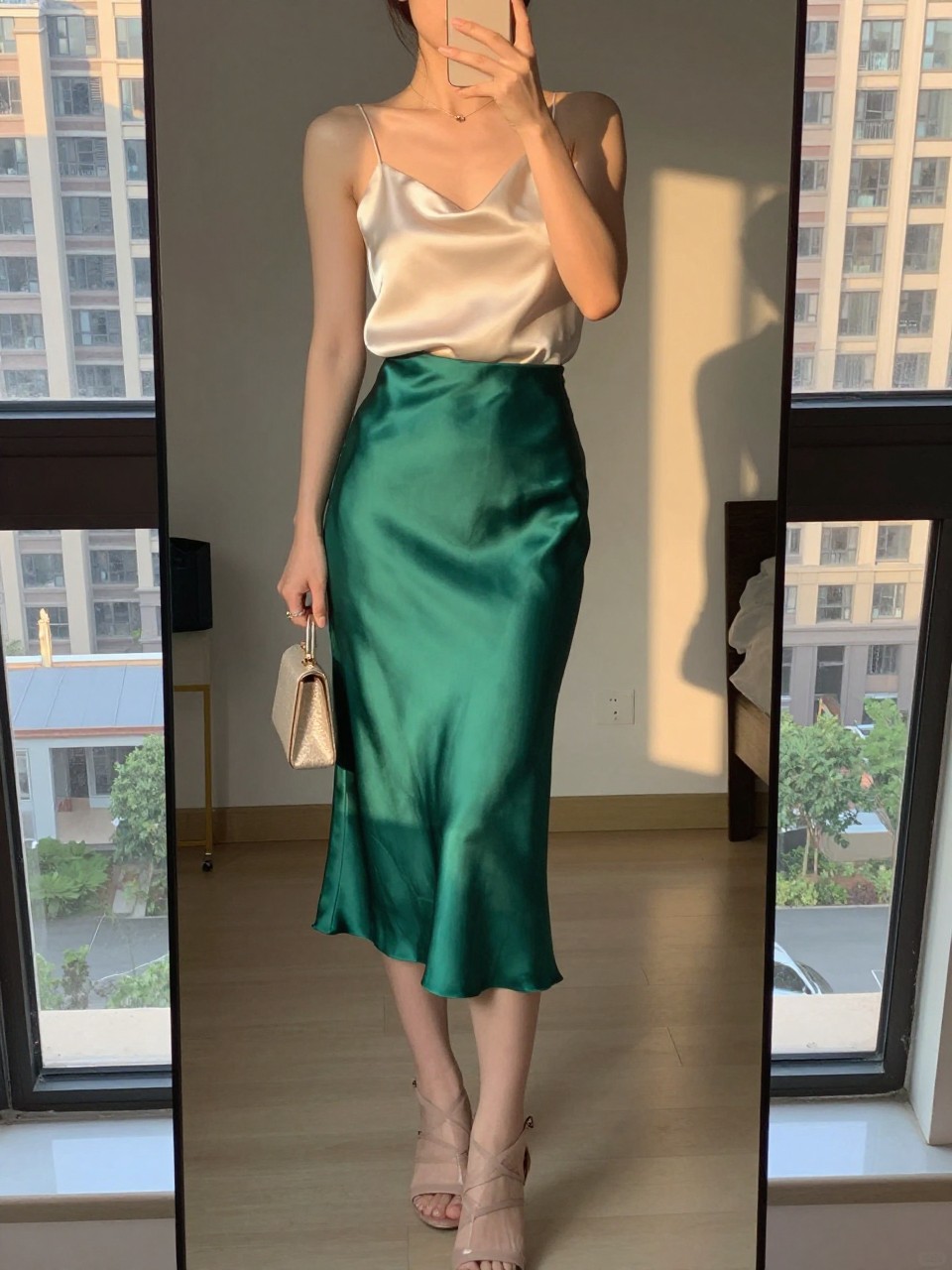 iPhone mirror selfie of a woman in an ivory silk camisole tucked into an emerald green satin midi skirt with strappy nude heels, holding a mini clutch, cropped at NECK so face doesn't show, in a city apartment, evening golden hour, iPhone photo quality.