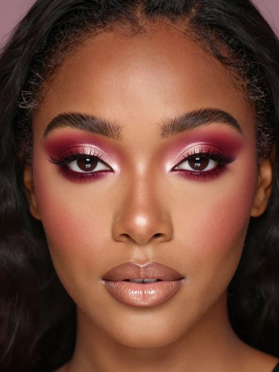 Super realistic close-up beauty portrait of a black woman wearing cranberry halo eye makeup with rich cranberry inner and outer corners, softened rose-red crease blending, brightened center lid, fluttery lashes, muted rosy-tan blush, soft beige nude glossy lips, realistic skin texture with a warm satin glow, shot from a front-facing portrait, with soft vanity lighting that clearly reveals the halo eye placement, berry-red tones, and lip gloss finish, softly styled hair, blurred muted berry background, feminine modern beauty photography, latest iPhone photo quality.