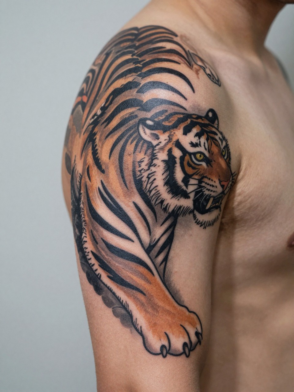 extreme close-up of a Japanese tiger stripe armband tattoo on a man's upper arm, bold stripe-inspired pattern wrapping around the arm, black and grey ink, strong contrast, traditional-inspired masculine style, realistic skin texture, soft minimal background, design-focused tattoo inspiration photography (no watermarks on images)