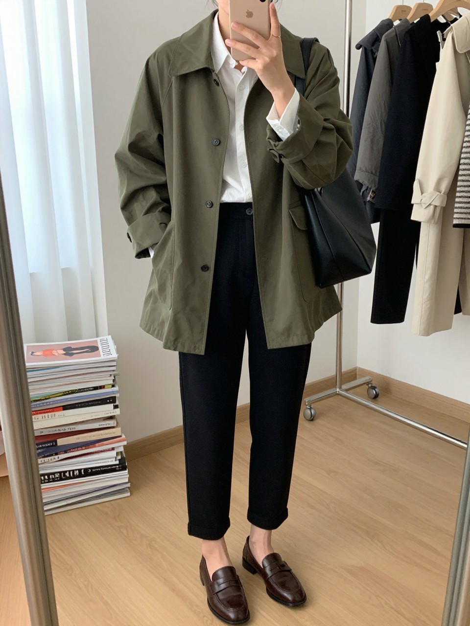 mirror selfie of a woman wearing the exact outfit described above, clearly showing an olive green structured-fit barn jacket, white poplin button-up shirt, black ankle-length trousers, brown leather loafers, and a black structured shoulder bag, holding a phone in front of a mirror, cropped at NECK so the face does not show, with a relaxed casual selfie pose, in a fashion studio mirror corner, natural window light, including stack of fashion magazines on a side table and clothing rack with garments behind, latest iPhone photo quality.