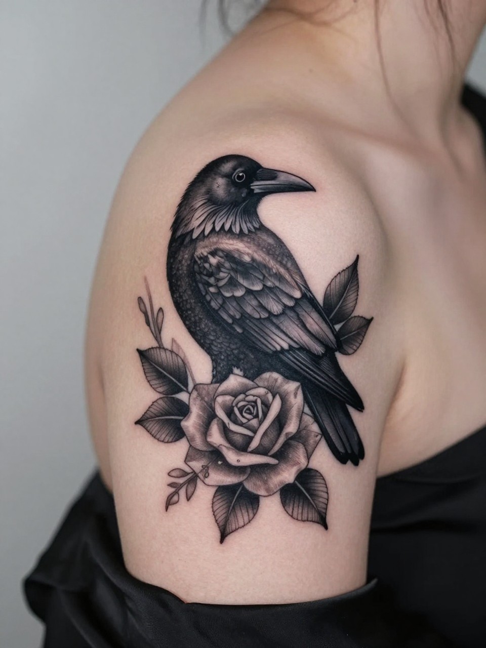 "macro shot of a black crow and rose tattoo on the shoulder, detailed black feathers, dark blooming roses, black and grey shading, ornamental linework, tight crop, realistic skin texture, satin blouse cuff nearby, soft minimal background, tattoo-centered inspiration image (no watermarks on images)"