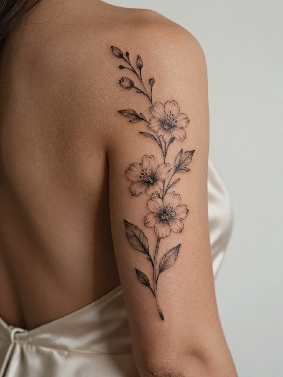 extreme close-up of a fine line floral spine tattoo on deep brown skin, delicate flowers and leaves trailing down the center of the back, clean black ink, soft shading, elegant feminine composition, realistic skin texture, open-back satin dress visible, design-focused close-up, soft minimal background, modern tattoo inspiration photography (no watermarks on images)
