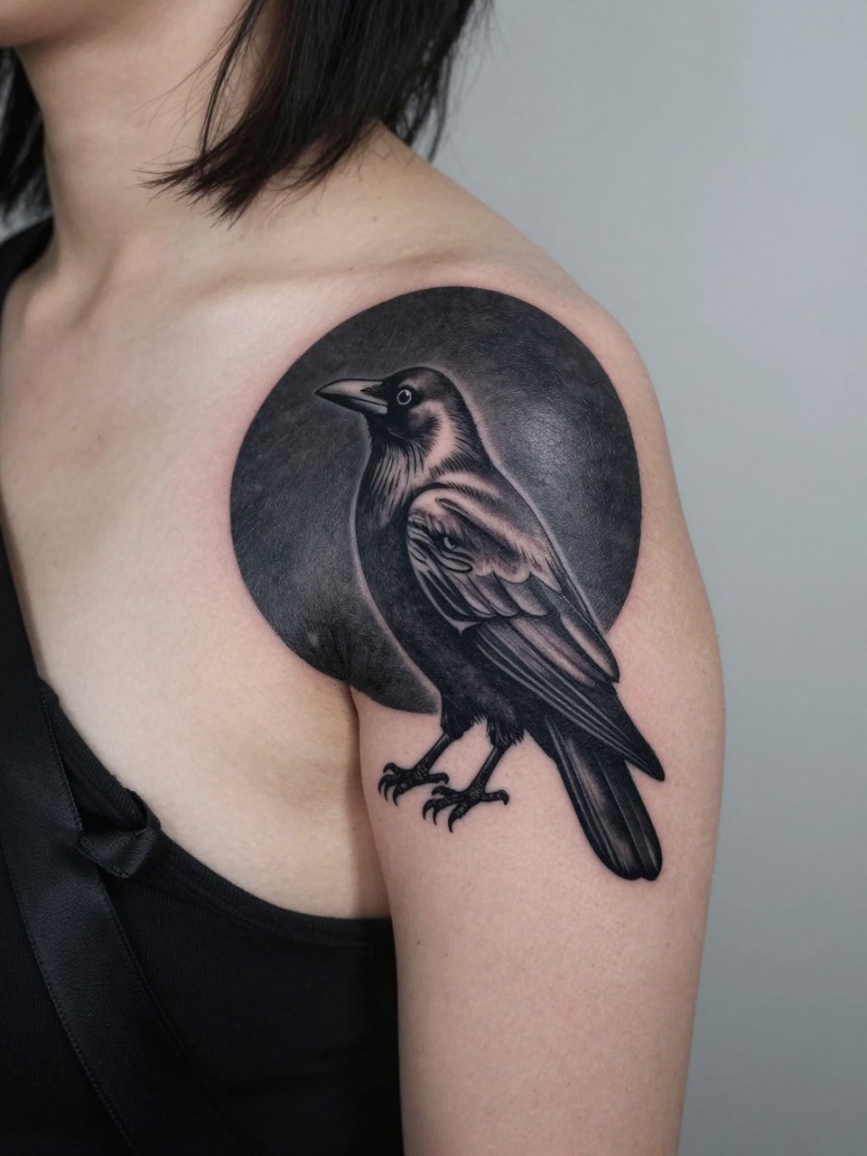 "tight crop of a black crow tattoo in front of a full black sun on the shoulder blade, bold black circle backdrop, detailed crow silhouette and feather texture, blackwork style, realistic skin texture, satin ribbon nearby, soft minimal background, design-led tattoo photography (no watermarks on images)"