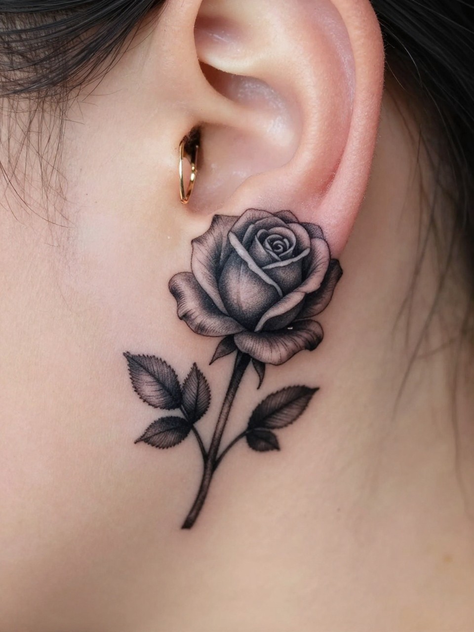 "macro shot of a small black rose tattoo behind the ear, deep black ink petals, fine line detail, soft grey shading, realistic skin texture, small gold hoop earring visible, tight crop, design-first composition, soft blurred background, tattoo inspiration image (no watermarks on images)"