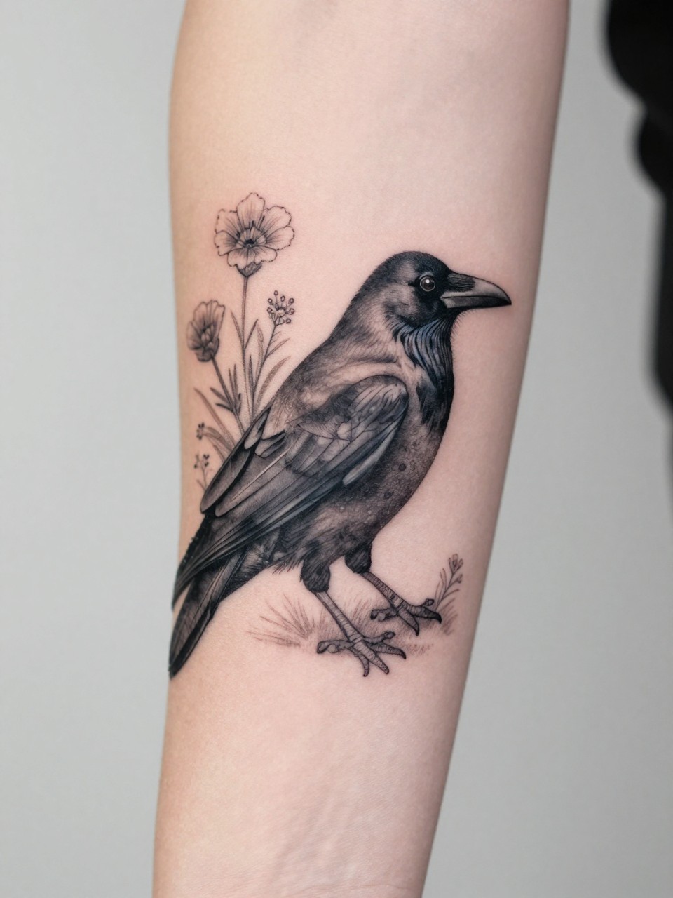 "extreme close-up of a black crow and wildflower tattoo on the forearm, detailed dark feathers, tiny floral accents, black and grey ink, soft shading, fine line detail, realistic skin texture, neutral manicure, minimal feminine background, clean tattoo inspiration image (no watermarks on images)"