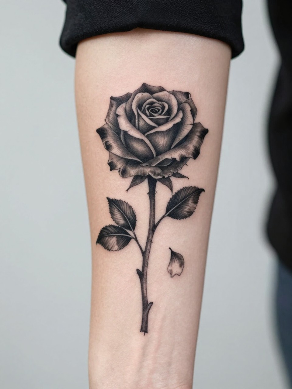 "design-focused close-up of a black rose tattoo with falling petals on the forearm, rich black ink petals, soft grey shading, delicate drifting petal detail, realistic skin texture, satin sleeve edge visible, tight crop, minimal blurred background, modern feminine tattoo inspiration photo (no watermarks on images)"