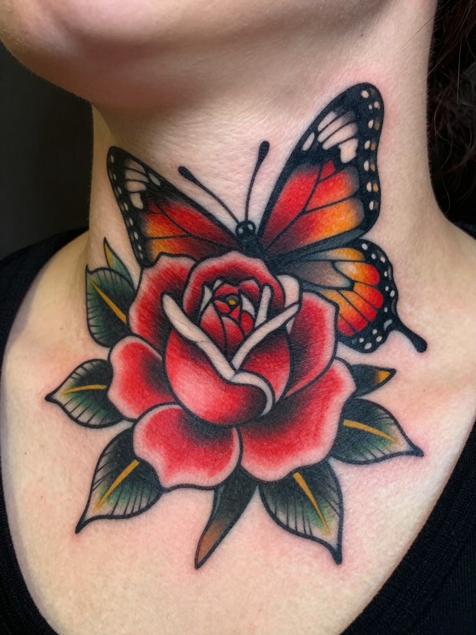Side-neck close-up: a neo-traditional butterfly tattoo with a deep red rose, bold black outlines, and vivid color. The style is inherently loud and artistic against the throat."