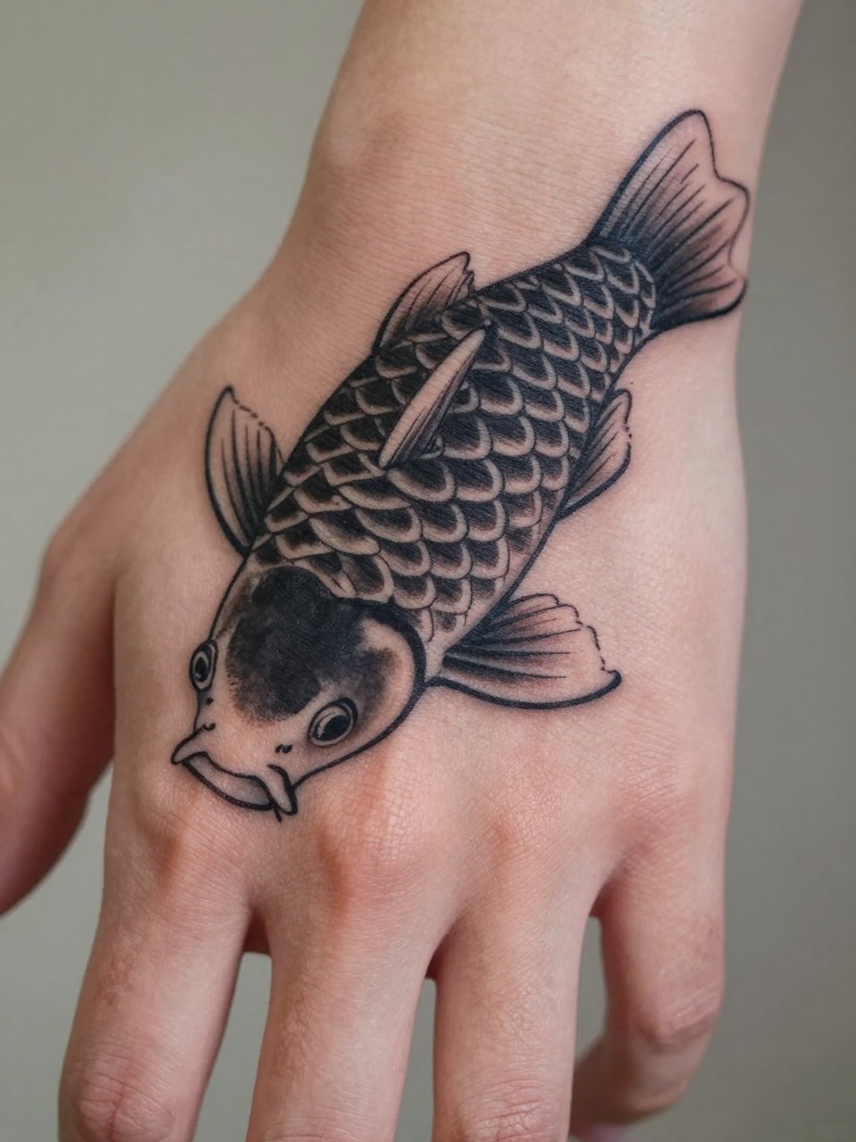 macro shot of a traditional Japanese koi fish tattoo on the back of the hand, detailed fish scales, flowing body shape, black and grey ink, soft shading, bold traditional linework, realistic skin texture, design-first composition, soft neutral background, tattoo inspiration image (no watermarks on images)