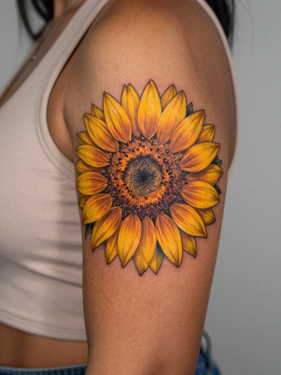 macro shot of a bright sunflower tattoo on dark skin at the upper arm, strong yellow petals, warm brown center, crisp outline, soft shading, realistic skin texture, sleeveless top visible, tight crop, design-first tattoo composition, soft neutral background, tattoo inspiration image (no watermarks on images)