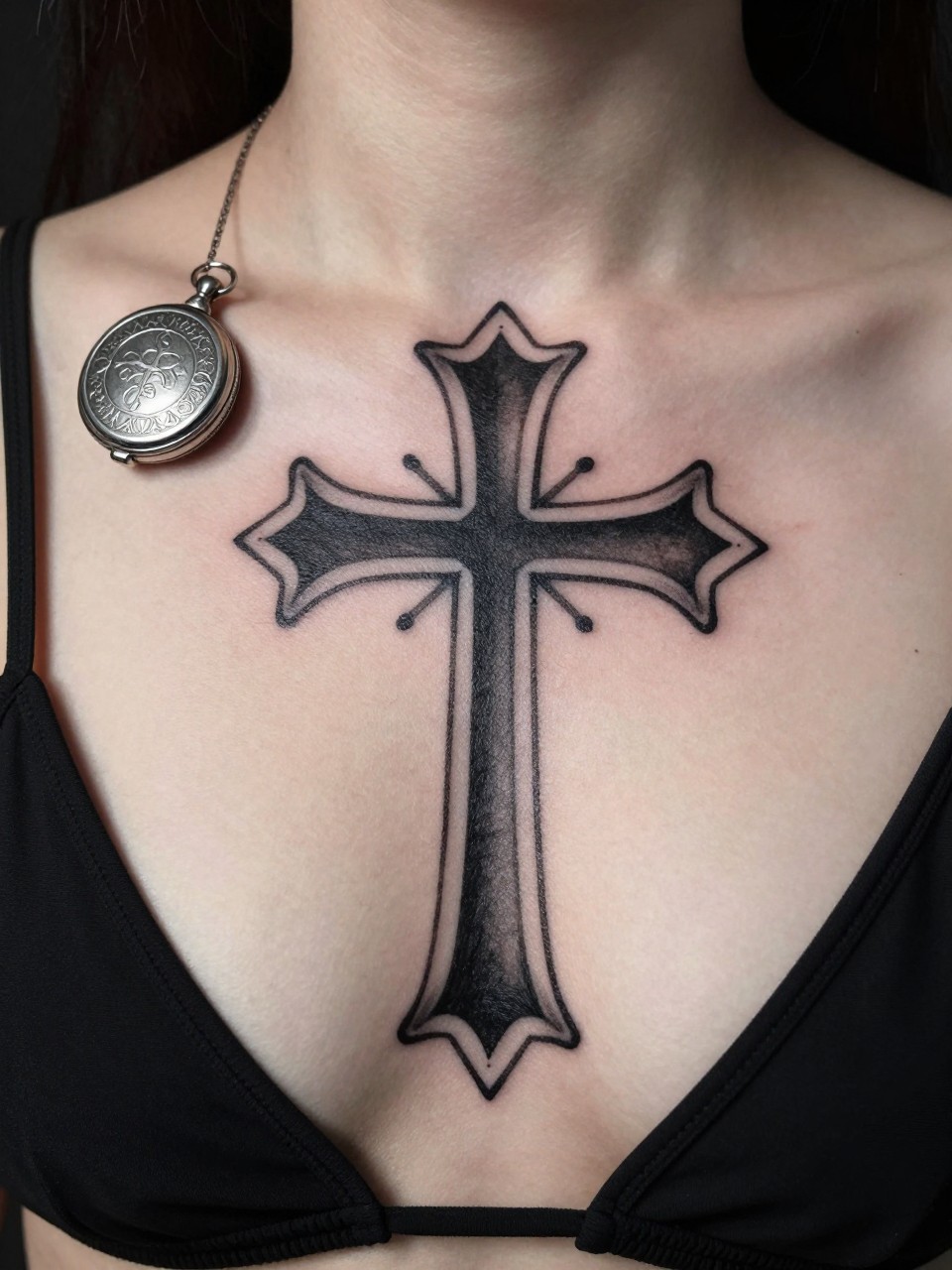 Image Prompt: "Extreme close-up of a bold traditional Gothic cross tattoo on the center of the chest. Heavy black shading and clean edges. She's wearing a simple black bralette. A vintage silver locket rests near the tattoo. Soft dramatic lighting."