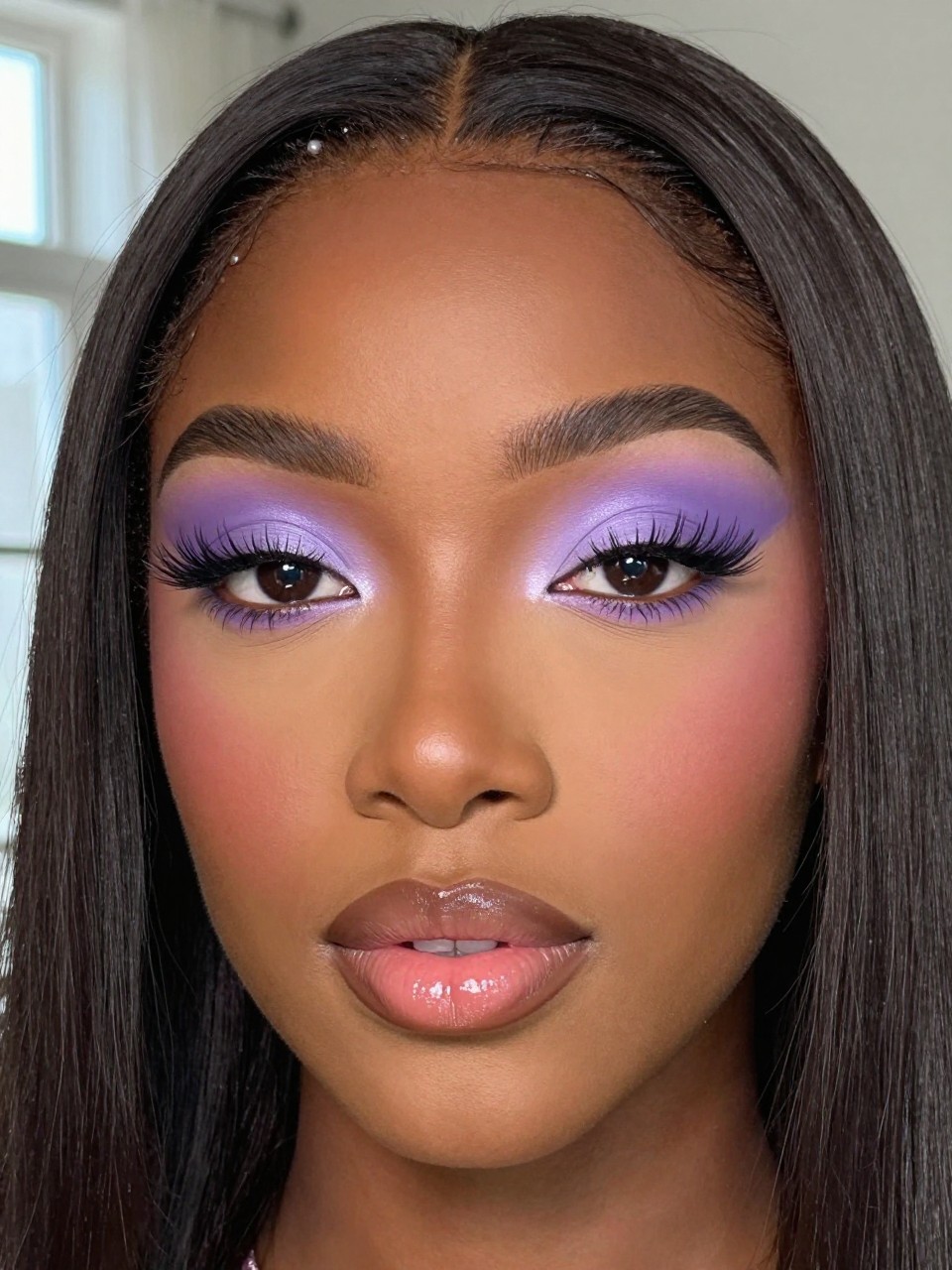 : Super realistic close-up beauty portrait of a black woman wearing pastel purple matte eyeshadow with bright pearl inner corners, clean lifted lashes, bright under-eye area, cool pink blush, sheer nude pink glossy lips, and neat feathered brows, shot from a front-facing portrait, with soft natural window light that clearly reveals the eye brightness and skin finish, realistic skin texture, softly styled straight hair, minimal neutral background, feminine modern beauty photography, latest iPhone photo quality (no watermarks on images).
