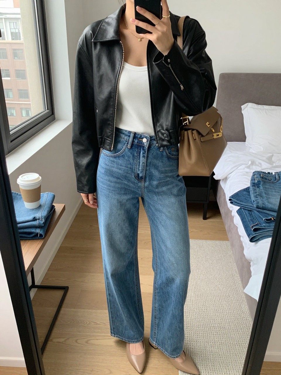 mirror selfie of a woman wearing the exact outfit described above, clearly showing a cropped black matte leather jacket, white fitted scoop-neck top, blue high-waisted wide-leg jeans, nude pointed flats, and a tan shoulder bag with gold hardware, holding a phone in front of a mirror, cropped at NECK so the face does not show, with a relaxed casual selfie pose, in a stylish city apartment, natural window light, including a coffee mug on a bedside table and folded denim jeans on a bench, latest iPhone photo quality.
