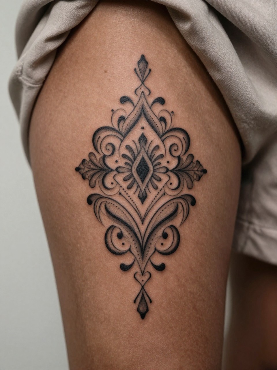 "macro shot of an ornamental thigh tattoo on rich brown skin, black ink, symmetrical decorative linework, soft dotwork accents, elegant curved details, realistic skin texture, silk fabric nearby, tight crop, design-first composition, minimal soft background, feminine tattoo inspiration image (no watermarks on images)"