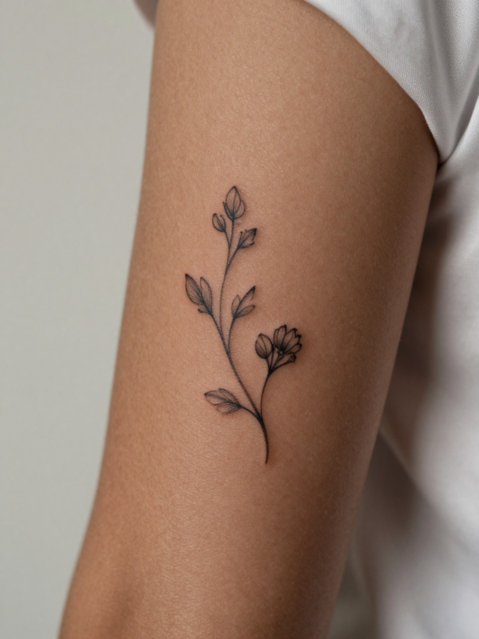 "macro shot of a tiny floral vine tattoo on deep brown skin along the upper arm curve, fine line black ink, small leaves and buds, delicate curved composition, realistic skin texture, satin fabric nearby, tight crop, minimal neutral background, design-first feminine tattoo inspiration photography (no watermarks on images)"