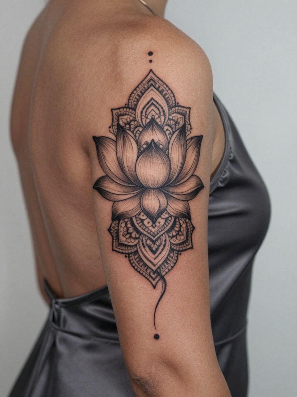 design-focused close-up of a lotus and mandala spine tattoo on dark skin, black ink lotus petals and symmetrical mandala detail flowing down the spine, fine line work, soft dotwork accents, realistic skin texture, open-back satin dress visible, minimal blurred background, feminine modern tattoo inspiration photo (no watermarks on images)