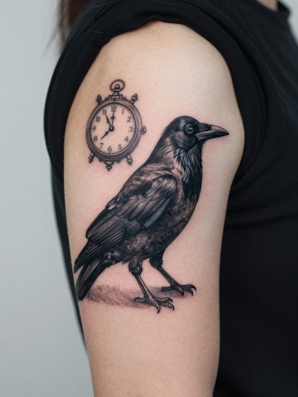 "design-focused close-up of a black crow and vintage clock tattoo on the upper arm, dark feather detail, black and grey shading, small clock face with delicate hands, realistic skin texture, silk sleeve cuff, minimal blurred background, emotional tattoo inspiration photography (no watermarks on images)"