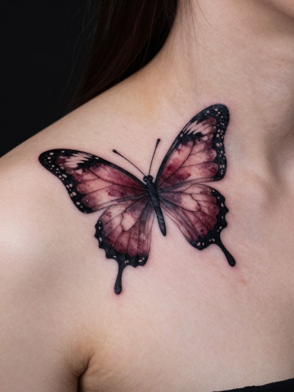 "Macro shot of the shoulder and neck: a black-line butterfly tattoo with a deep plum watercolor 'bleed' flowing violently down over the collarbone. Dramatic and painterly."