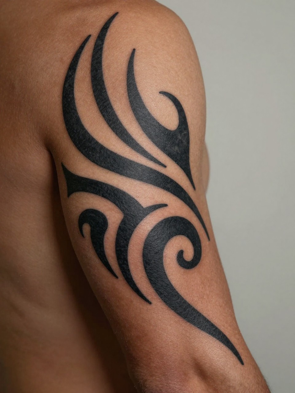 macro shot of a tribal-inspired blackwork sleeve tattoo on rich brown skin, bold black ink shapes, curved flow across the full arm, strong contrast, clean edges, realistic skin texture, tight crop, design-first tattoo image, soft neutral background, masculine tattoo inspiration image (no watermarks on images)