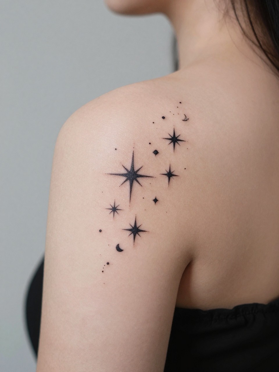  "design-focused close-up of a celestial sparkle cluster boho flash tattoo on women's shoulder, black ink, fine line stars, sparkles, and tiny moon details, minimalist feminine boho style, realistic skin texture, off-shoulder top visible, minimal blurred background, modern tattoo inspiration photo (no watermarks on images)"