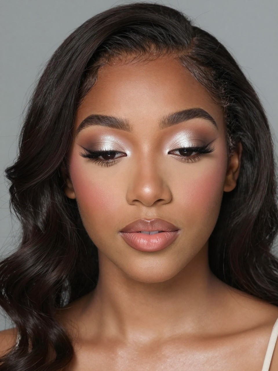 Super realistic close-up beauty portrait of a black teenage girl wearing classy soft glam prom makeup, featuring silver-beige shimmer eyeshadow across the lids, taupe crease shaping, cool pearl inner-corner brightness, lifted defined lashes, soft rosy-nude blush, rosy nude satin lips, polished brows, realistic skin texture with a silky luminous finish, shot from a three-quarter beauty angle, with cool elegant studio lighting that clearly reveals the silver-beige shimmer, pearl highlight, and satin lips, softly tucked waves, blurred upscale cool-neutral background, feminine modern beauty photography, latest iPhone photo quality.