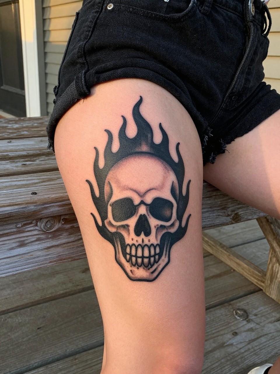 Image Prompt: "Macro shot of a bold flaming skull tattoo on the outer thigh. Traditional style with solid black and sharp highlights. She's wearing high-waisted black denim shorts. Sitting on an old wooden porch, soft golden hour light."