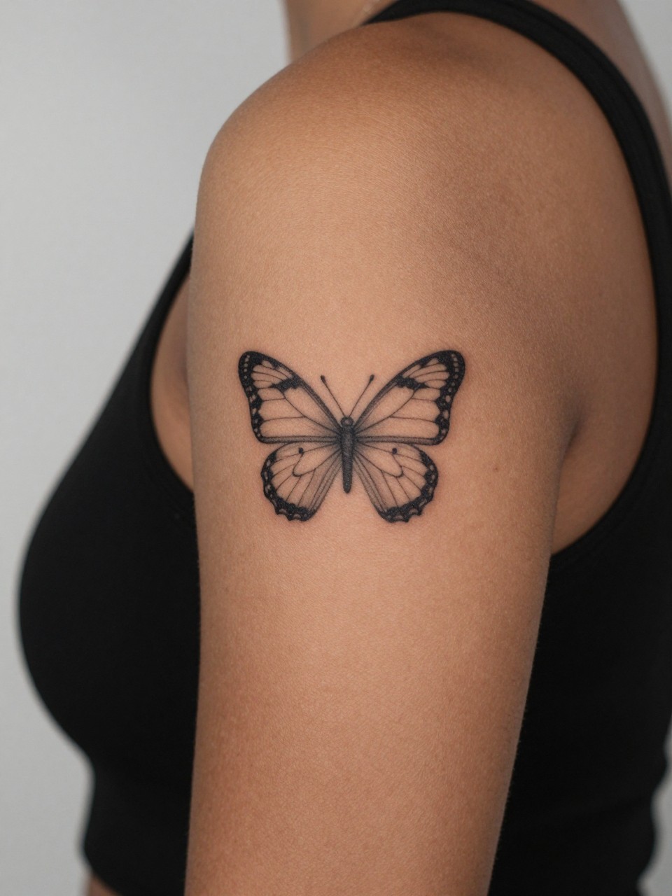 "extreme close-up of a tiny butterfly tattoo on deep brown skin at the upper arm, clean black ink, fine line wings, soft delicate detail, small minimalist design, realistic skin texture, sleeveless top visible, design-focused close-up, soft minimal background, modern feminine tattoo inspiration photography (no watermarks on images)"